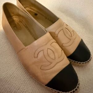 CHANEL Beige and Black Espadrilles with Logo